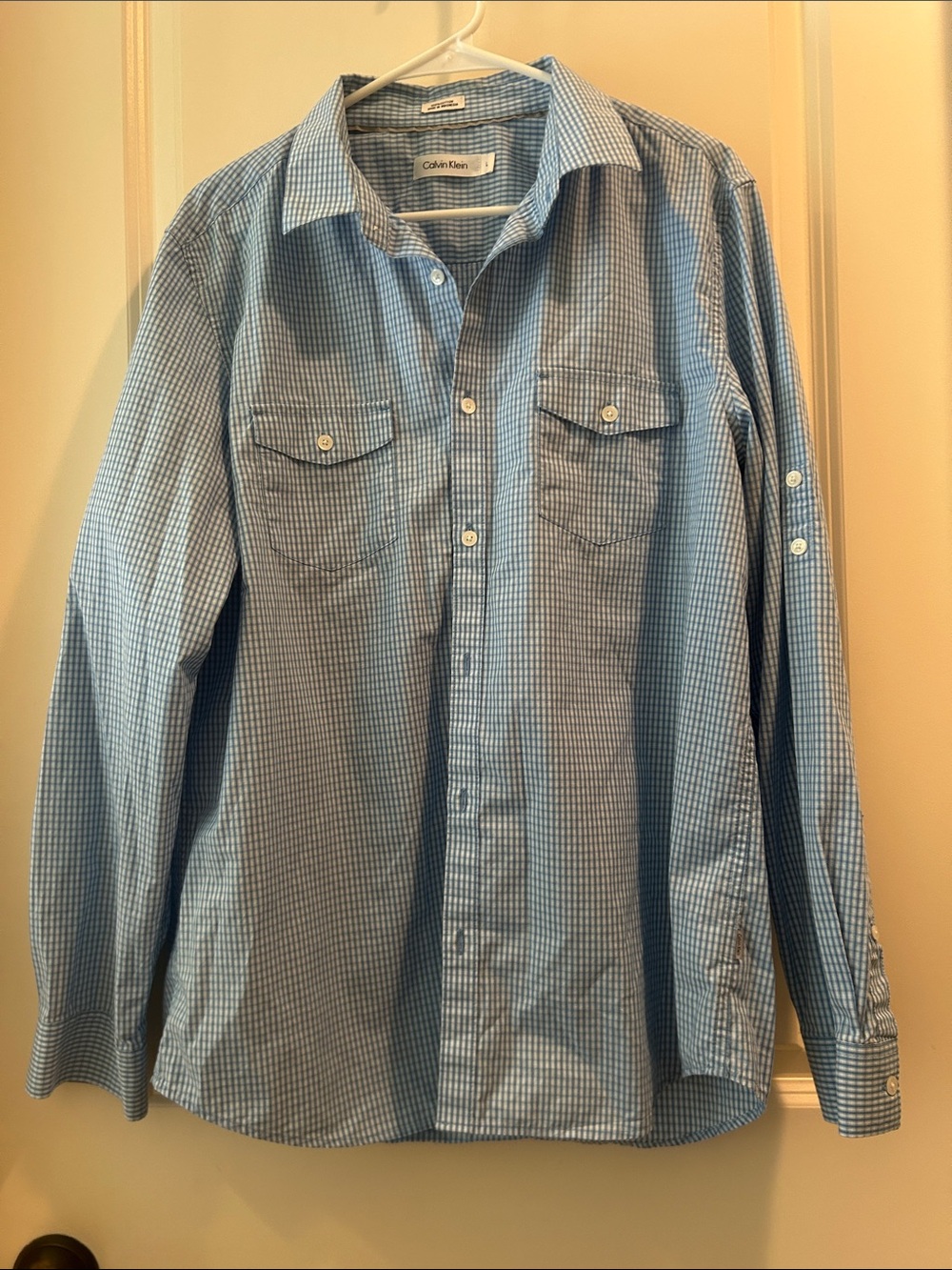 Calvin Klein Light Blue Check Long-Sleeve Button Down Shirt Roll Up Tab size  L